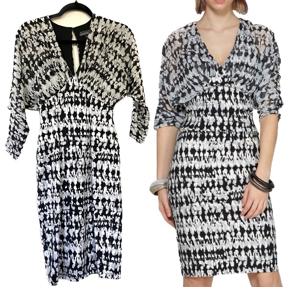 Badgley Mischka Sally V-Neck Dress in Black and White Print Size 8